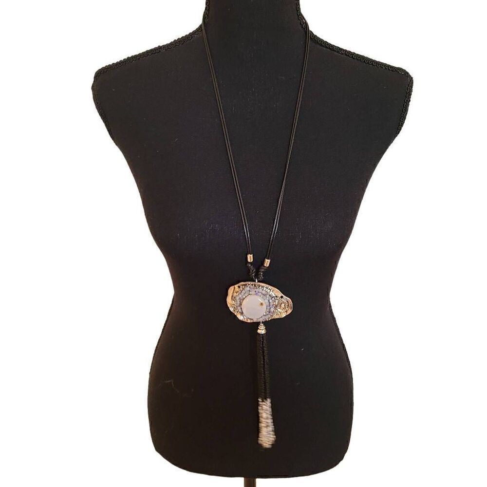 Fashion Jewelry Womens Double Black Bolo Style Gemstone Tassel Beaded Necklace